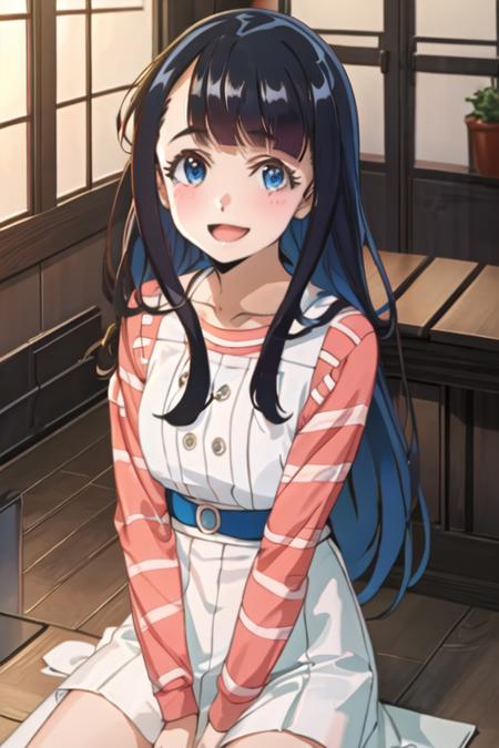 best quality, masterpiece, highres, solo, {koganeikoyuzu_edomaeelf:1.15}, black_hair, long_hair, bangs, blue_eyes, blush, smile, blunt_bangs, 1girl, open_mouth, :d, shirt, upper_body, indoors