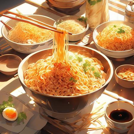 food, food focus, still life, sunlight, rice, noodles, <lora:colorfulfood-v10:1>