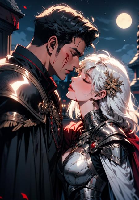 1girl, long hair, short hair, black hair, hair ornament, 1boy, closed eyes, upper body, white hair, hetero, grey hair, hair flower, cape, armor, looking at another, blood, night, half-closed eyes, shoulder armor, gauntlets, imminent kiss, black armor