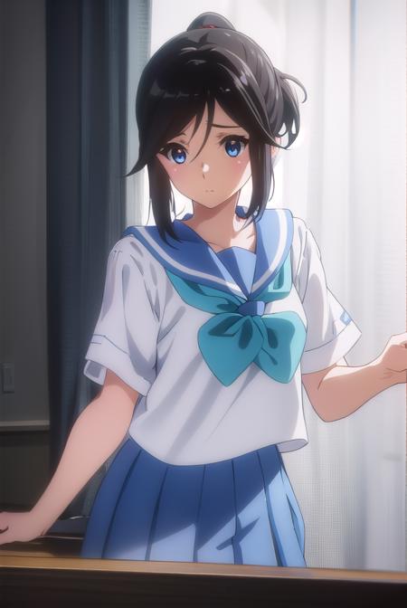 nozomikasaki, <lora:nozomi kasaki s2-lora-nochekaiser:1>,
nozomi kasaki, kasaki nozomi, long hair, blue eyes, black hair, ponytail, hair between eyes,
BREAK skirt, shirt, school uniform, white shirt, short sleeves, pleated skirt, serafuku, sailor collar, blue skirt, neckerchief, blue sailor collar, school bag, blue neckerchief, kitauji high school uniform,
BREAK indoors, classroom,
BREAK looking at viewer, (cowboy shot:1.5),
BREAK <lyco:GoodHands-beta2:1>, (masterpiece:1.2), best quality, high resolution, unity 8k wallpaper, (illustration:0.8), (beautiful detailed eyes:1.6), extremely detailed face, perfect lighting, extremely detailed CG, (perfect hands, perfect anatomy),