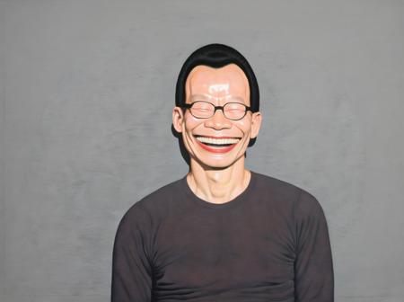 yue_minjun, an asian man wearing glasses laughing