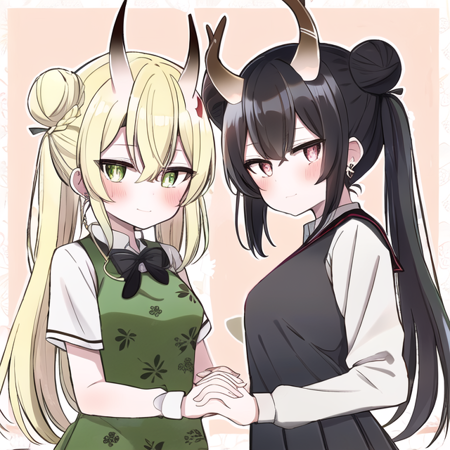 obscurityonline style, wide strokes, rough lineart, muted colors,   jitome, sanpaku,squinting, narrow eyes,   constricted pupils, ringed eyes,  2girls, hair bun, horns, simple background, earring , hair between eyes, black school uniform, breasts, black hair, sailor collar, long hair, bangs, serafuku, upper body, hands together, hair ornament, double bun, blonde hair, green china dress, sleeveless, twintails, palms together, height difference, floral print, antlers, holding hands, anime drawing of two girls holding hands; one has short dark hair and wears black school uniform; another girl has long blonde hair in twintails and wears green cheongsam; she has horns, obscurityonline  