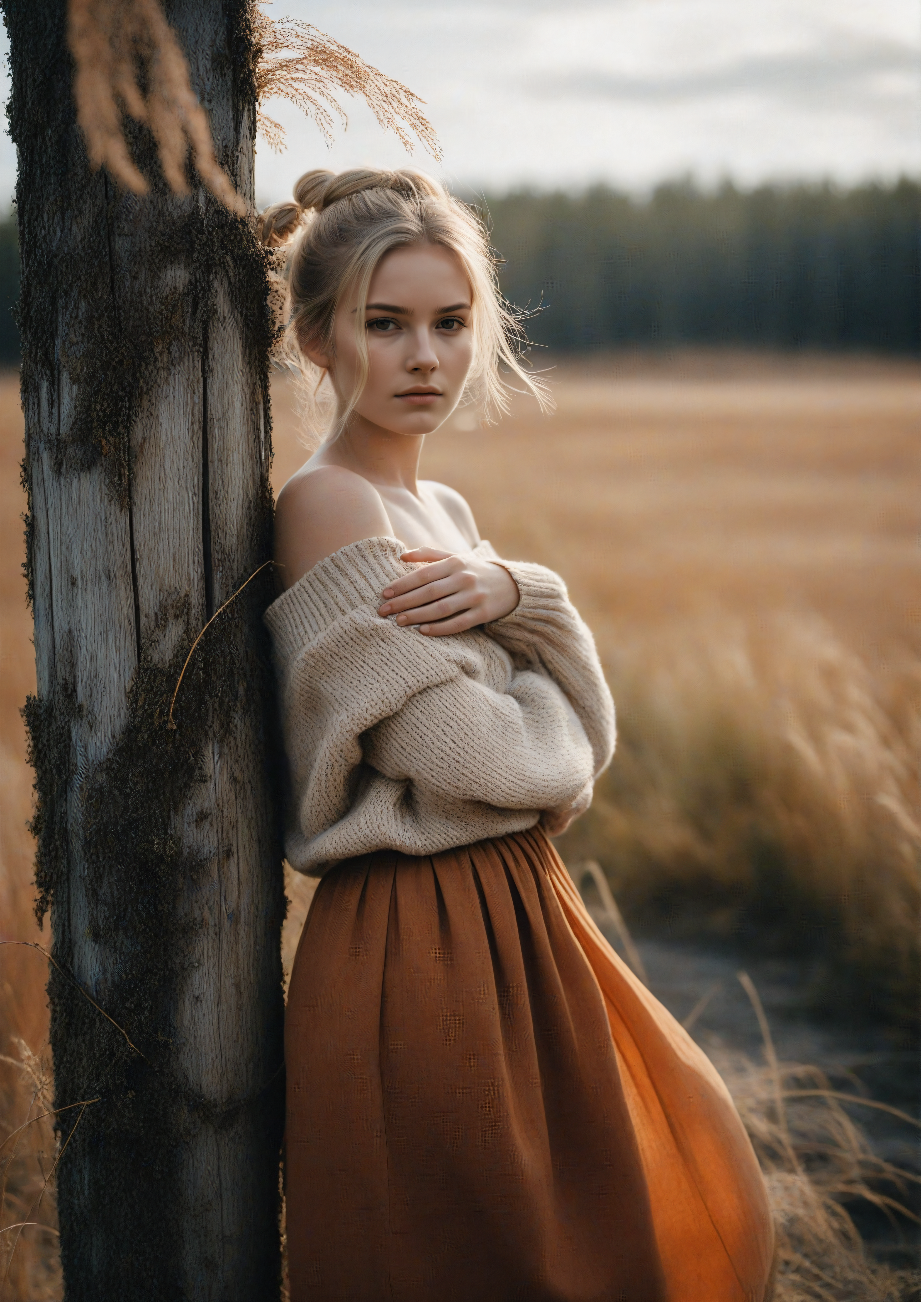 Ethereal portrait of a young Norwegian girl in a rustic, overgrown field during autumn, leaning gently on a weathered wooden post, soft expression. Blonde hair in a loose bun with delicate wisps, wearing an off-the-shoulder beige sweater and a flowing burnt-orange skirt. Surrounded by dried plants and bare branches, moody atmosphere, muted earthy tones, soft sunlight rays, shallow depth of field, natural light, fine art photography, dreamy vintage look, 85mm lens, emotional and poetic mood