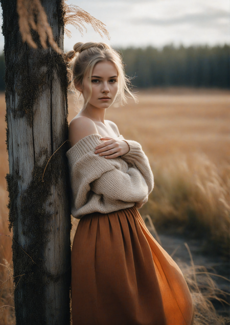 Ethereal portrait of a young Norwegian girl in a rustic, overgrown field during autumn, leaning gently on a weathered wooden post, soft expression. Blonde hair in a loose bun with delicate wisps, wearing an off-the-shoulder beige sweater and a flowing burnt-orange skirt. Surrounded by dried plants and bare branches, moody atmosphere, muted earthy tones, soft sunlight rays, shallow depth of field, natural light, fine art photography, dreamy vintage look, 85mm lens, emotional and poetic mood