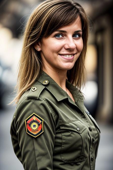 photo of a beautiful German army girl wearing a uniform, city street, messy medium hair, slim body, medium upper body shot, looking at the camera, cute smile, professional photography , high resolution