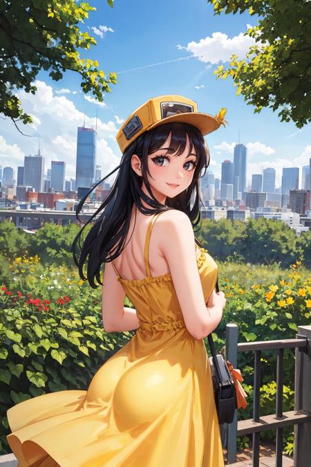 masterpiece, best quality,  <lora:cassettegirl-nvwls-v1-000009:0.9> cassettegirl, hat, yellow sundress, from behind, garden, city skyline, sky, looking at viewer, smile