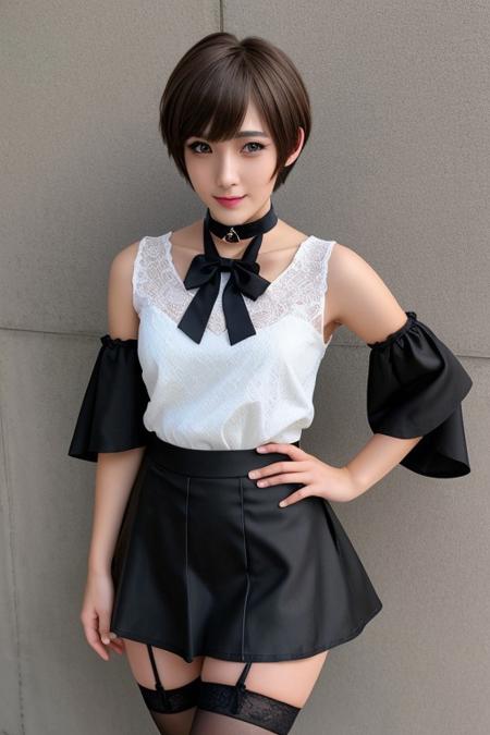 crossdresser otoko no ko, yellow eyes, short hair, 1boy, bodycon dress, detached sleeves, :3, happy, brown hair, bow, choker, ribbon, bangs, brown eyes, skirt, thighhighs, ample soft thighs, skirt lift, masterpiece, best quality, ultra detailed, hyper detailed, intricately detailed, 4k resolution, sharp image, nsfw