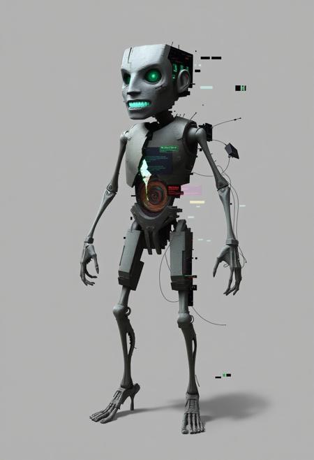 GL1TCH, the Rogue Fragment
Subject:
A chaotic, fragmented humanoid figure made of broken code, corrupted textures, and flickering pixels. GL1TCH is constantly shifting—parts of its body phase in and out, leaving behind digital noise.
Head & Face:
A distorted face with one eye larger than the other, both glowing erratically. The mouth is a jagged tear in the data, constantly twitching. The head flickers between different shapes and resolutions.
Torso & Core:
The chest is cracked open, revealing a swirling void of corrupted data. Glitch artifacts—like missing textures and error messages—float around the core.
Arms & Hands:
Asymmetrical arms—one is skeletal and twitching, the other is a mass of tangled wires and broken UI elements. Fingers glitch in and out of existence.
Legs & Feet:
One leg is normal but pixelated; the other is a floating cluster of error cubes and corrupted geometry. Movement leaves behind trails of static and screen tearing.
Environment:
A broken simulation—walls flicker between real and unreal, the ground is made of corrupted tiles, and gravity seems inconsistent. Floating error messages and pop-up windows drift through the air.
Atmosphere:
Chaotic and unstable. The color palette includes harsh reds, neon greens, and glitchy blacks. The scene feels like a virus infecting a digital dreamscape.