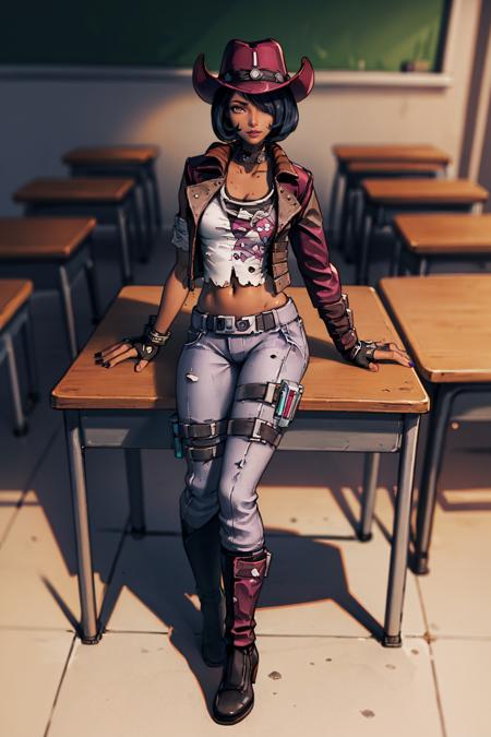 (masterpiece, best quality:1.2),  <lora:nisha_(borderlands):.9>, nisha_(borderlands), 1girl, solo, hat, denim, pants, jeans, black nails, midriff, short hair, lipstick, belt, jacket, black hair, torn clothes, dark skin, navel, makeup, hair over one eye, fingerless gloves, nail polish, gloves, dark-skinned female, collar, leather, purple lips, bracelet, leather jacket, lips, cowboy hat, breasts, large breasts,  jewelry, thigh strap, choker, spikes, desk, school desk, smile, sitting, clothes lift, on desk, looking at viewer, chalkboard, indoors, sitting on desk, closed mouth, school chair, blurry, chair, full body, shiny, shiny skin, depth of field