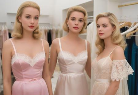 score_9, score_8_up, score_7_up, 1956 Tippi Hedren and Grace Kelly, pretty blond, slim, slender, wearing pastel satin nightie with spaghetti straps and lace trim, blond, standing in a busy lingerie store surrounded by pretty friends wearing pretty silk and satin slips and nighties and lingerie, happy and delighted to be selling pretty satin lingerie, in love with satin lingerie