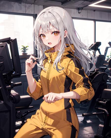 1girl, bruceleejumpsuit, <lora:BruceLee's_JumpsuitV1[bruceleejumpsuit]:1>, white_hair,long_hair, fighting stance, solo,gym,indoors