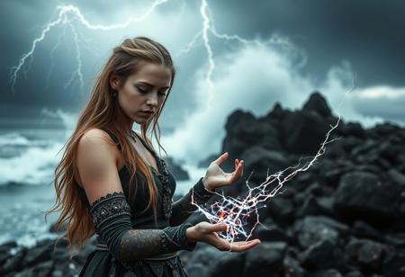 breathtaking masterwork High res digital special effects mixed media  photo, rocky coast,  young Sleek Celtic Female, storm_caller mage, gathering magic in ritual casting, in action summoning thunderstorm, eyes blazing with power, eye of the storm.  shallow depth of field, vignette, highly detailed, high budget, bokeh, cinemascope, moody, epic, gorgeous, film grain, grainy
