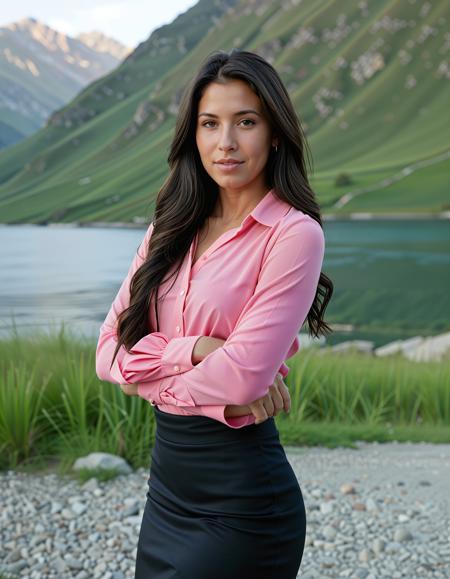 analogue photo of a beautiful 25 years old woman, high resolution image, Ms KMXD, black hair, <lora:MS_KMXD_SDXL_V1:1.0> dark hair Caucasian, Arab?, A photo-realistic shoot from a portrait camera angle about a woman in a pink blouse and black skirt, standing in a natural setting with a blurred background of mountains and a body of water. the image also shows a serene and peaceful atmosphere. on the middle of the image, a woman in her mid twenties with light skin and long hair, who appears to be in her early twenties, is facing the viewer with a smile on her face, looking directly at the camera. she has realistic eyes and is wearing a pink shirt with long sleeves, a black tie, and a black skirt. her hair is styled in long hair and falls down her back. she is wearing pink gloves on her hands. her body is slim, and she is standing with her arms at her sides. the lighting is soft and natural, casting gentle shadows on her body.