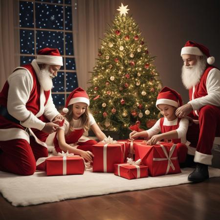 four Santa's elves wrapping gifts, illuminated Christmas tree background with Father and Mother Christmas