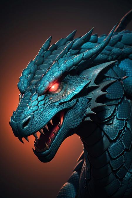Asian dragon blue snake gradient vibrant neon colour, rough, textural, broad brush strokes, red color prominent detailed, alienzkin, silhouette, spotlight, dark theme, c4d, blender, raytracing, unreal engine 5, render 3d, face close up,