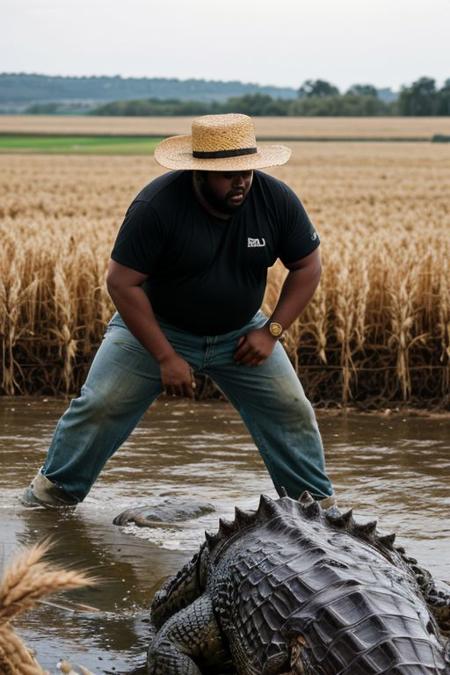raw photo, a black fat man (((fighting alligators furiously))), a straw hat, (farmer, dirty clothes:1.1), a field with wheat in the background, a ranch, warm lighting, cosy atmosphere, Instagram style, 8k uhd, dslr, soft lighting, high quality, film grain, Fujifilm XT3, (natural skin texture, hyperrealism, soft light, sharp)