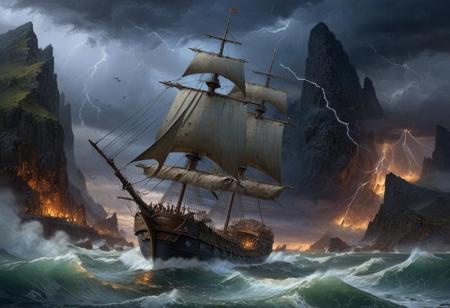 Night Landscape oil painting where the storm is the focal point. The storm dominates the skyscape while in the foreground a flying ship is battered by the winds. To spindly metal spires stand resolute in the face of the coming storm, built within a steep mountain pass. ((Highest quality:1.0),(High resolution:1.0), (masterpiece:1.0), (overview:0.6), beautiful and aesthetic:1.3), extreme detailed, colorful, highest detailed,((ultra-detailed)),(highly detailed CG illustration),((Gloomy and Dark Atmosphere)),,