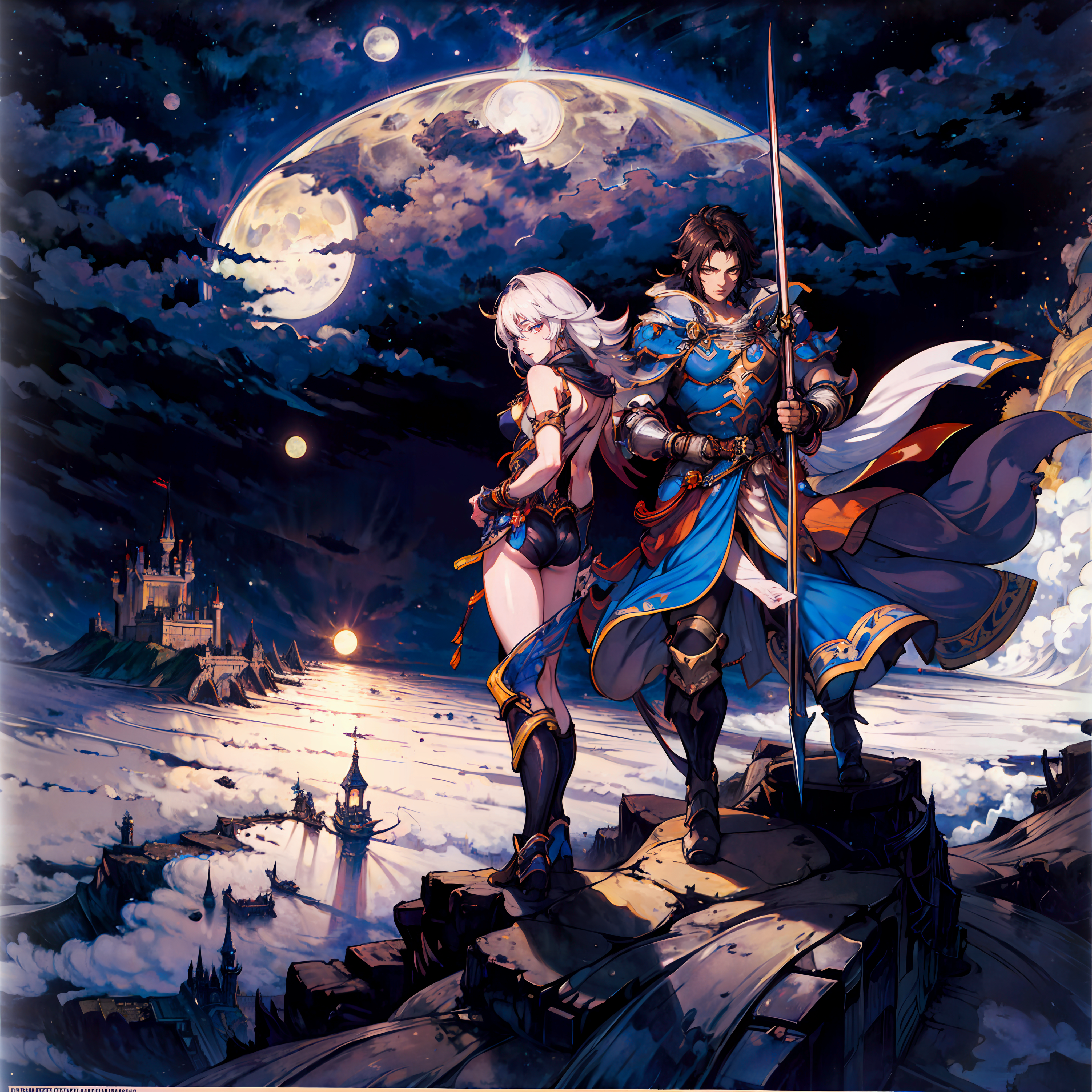 dragoon holding Lance, castle under moonlight, amano yoshitaka, <lora:amano_yoshitaka_offset:1>