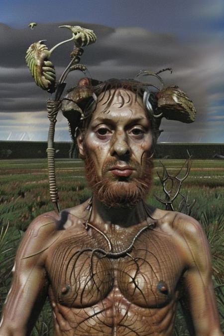 Weirdcore upper body and face of <ffurian> male face (face portrait 1.6) dirt, mud,  90VHS, (ffurian man with beard 1.1) (y2k aesthetic 0.8), ms paint style <lora:ms-paint-lora:1> (stormy thunder weather 1.2), the matrix movie, <lora:y2kaesthetic:0.7>, half0ster, bio-organic, organic, organic sculptures