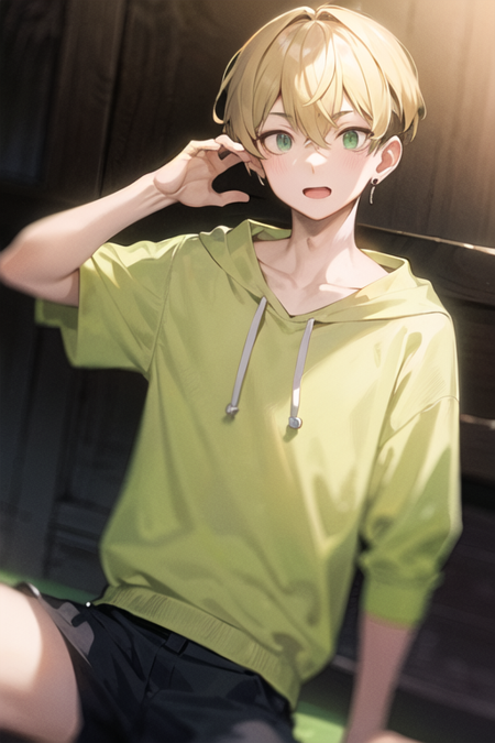 1boy,chifuyu matsuno,male focus,blonde hair, green hair, short hair,jewelry,bangs,hair between eyes,single earring,