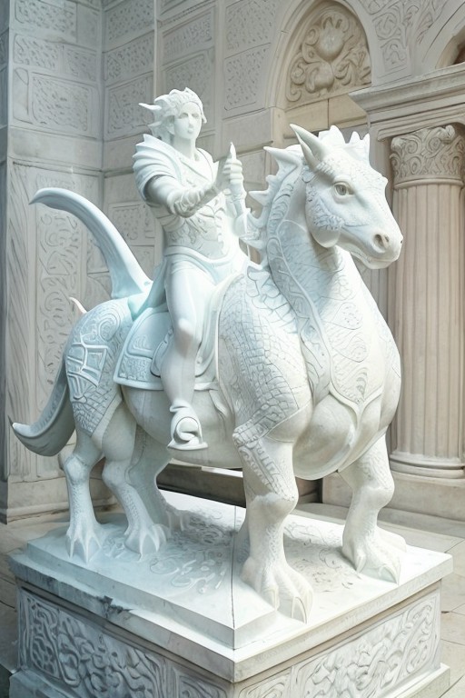 photo of a dragon, a dragon as a (white_statue,stone_statue:1.3), wearing armor, on a pedestal, modelshoot style, photo of...