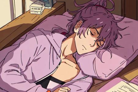 flat chest, male, mauve hair, seductive expression, messy hair, ponytail, asleep