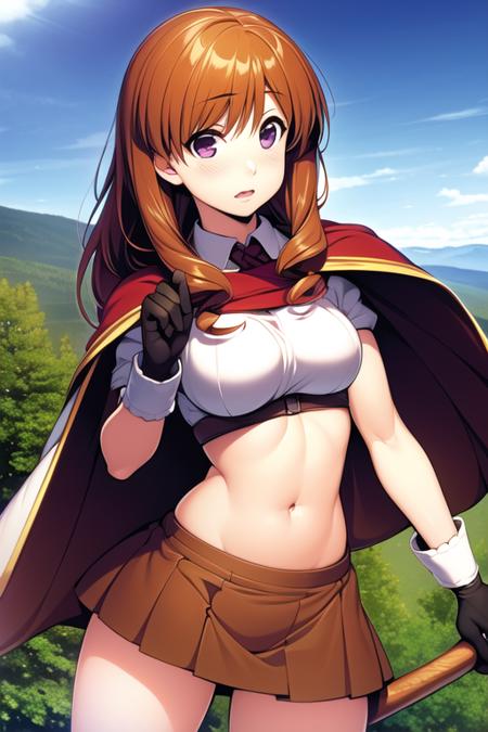 masterpiece, best quality, (extremely detailed CG:1.2),(8k:1.1),1girl,(machiko ryou:1.3), detailed armor, breasts, cape, gloves, medium breasts, midriff, navel, purple eyes, solo, weapon, photorealistic, dynamic rocky mountains, <lora:machiko ryou:1>,