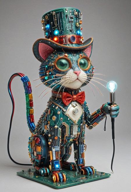 embedding:lazmpos, Transistors, pcb_style, LED, colorful LED lights, RGB lights, red green and blue cat, art deco, top hat, cane, monocle,RetroBG