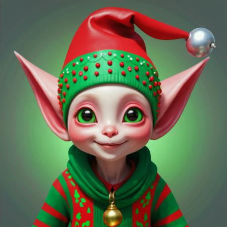 hyper detailed masterpiece, dynamic realistic digital art, awesome quality,  Small humanoid creature, Pointed ears,  Bright and festive attire, red, green, holiday colors,  pointed hat with a bell on the tip,   Merry cheerful expression, Rosy cheeks, lively eyes,
