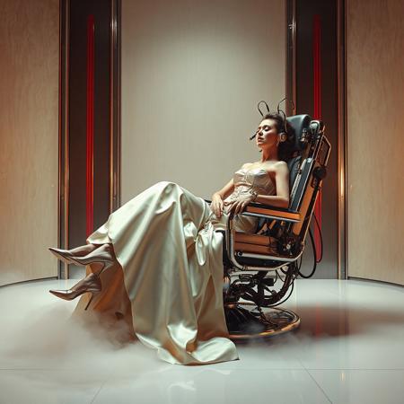 A slender, arrogant  rich norvegian bride, reclined in a polished steel restraint chair, dressed in a luxurious, rich fantasy satin wedding gown with a fitted, boned corset accentuating her ultra-thin waist.and a full, flared skirt, paired with satin high heels, orgasm face. The massive electrodes holding her head pressed to the steel restraint chair headrest,  cabled to a  futuristic superconputer rack. Her hands and ankles are bound to the steel restraint chair   by massive steel restraints,   weird fog from the floor. The scene is set in a sterile, empty chamber, with a glossy mother-of-pearl finish, evoking a sense of futuristic dread. Inspired by the cinematic styles of Ridley Scott, Guillermo del Toro, and H.R. Giger, with a blend of sci-fi and horror elements, this full-body portrait is a masterpiece of cinematic storytelling, shot on a virtual v-raptor XL camera, with a warm, film-grained aesthetic, subtle vignette, and rich color grading, reminiscent of 35mm film, with dramatic, atmospheric lighting, inviting the viewer to immerse themselves in this epic, stunning scene.