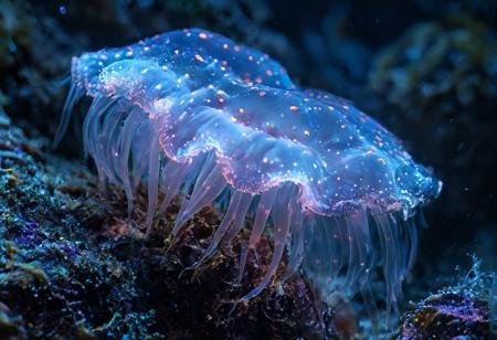 alien glowing plants on the ocean floor, pulsating neon petals, luminous sea anemone tendrils, bioluminescence lighting the entire scene, sci-fi nature blend, dreamy haze, vibrant hues, unreal engine style