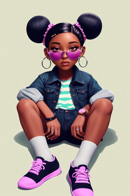 Wave Art Style,  1girl,  black hair,  bracelet,  clothes writing,  dark skin,  dark-skinned female,  denim,  denim jacket,  denim shorts,  double bun,  earrings,  glasses,  hair bun,  hair ornament,  hair stick,  hairpin,  hoop earrings,  jacket,  jacket on shoulders,  jewelry,  lips,  nose,  print shirt,  realistic,  ring,  shirt,  short shorts,  shorts,  sitting,  socks,  solo,  striped socks,  sunglasses,  very dark skin,  watch,  wristwatch, <lora:EMS-49798-EMS:0.600000>