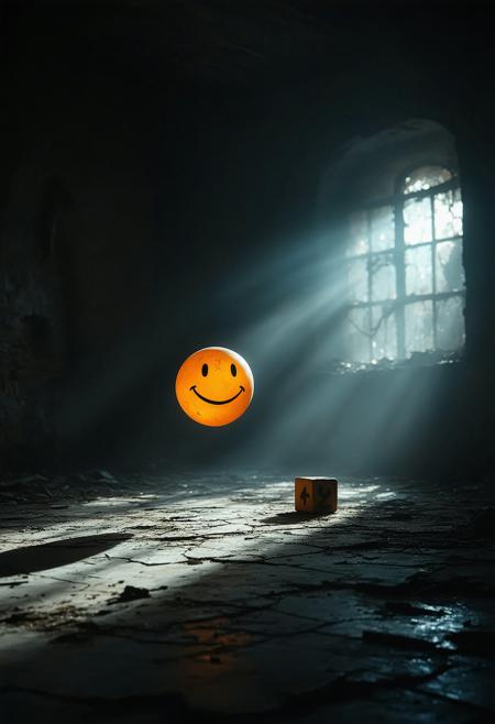 Extreme low-angle, worm's-eye view: a luminous ping-pong sphere, crudely drawn smiley face, hovers, slowly rotating. Monumental against a dust-choked, cobweb-strewn abandoned playroom, subtly blurred background. Cinematic lighting by Darius Khondji, Magritte-esque surrealism; dramatic chiaroscuro, shallow depth of field. Muted desaturated umbers and greys, pierced by the sphere's vibrant orange glow. Single overhead spotlight casting long, eerie shadows. Smooth scuffed plastic, brittle wood, silken cobwebs. Unsettling nostalgia, playful menace. Motes of dust dance in the light beam; a forgotten toy block in deep shadow.