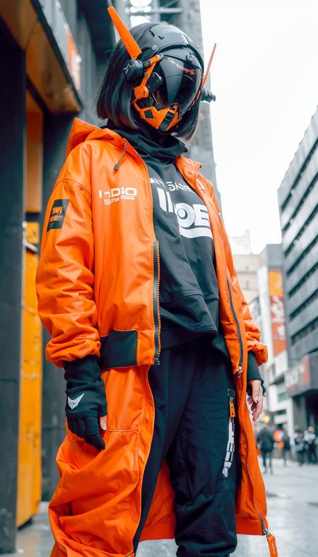 (original: 1.2), masterpiece, best quality, a woman with a fantastic cyberhelmet, wearing a orange techwear jacket, cool pose, long legs, on the street <lora:cyberhelmetv0.7:0.7>