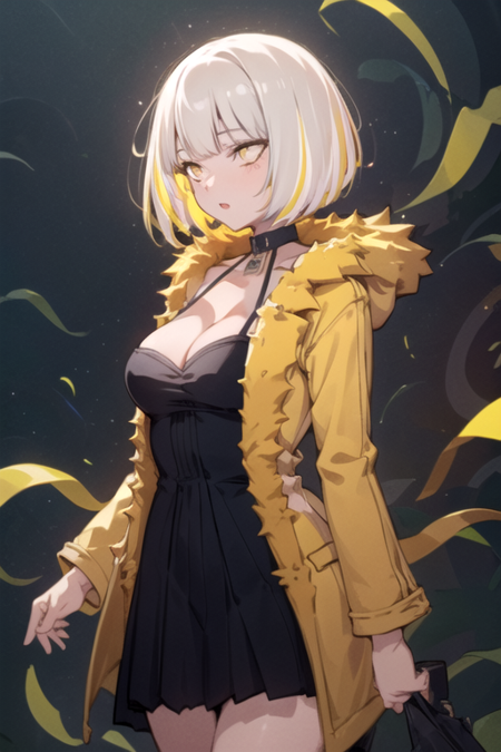 HasturMerry, 1girl, solo, short hair, blonde hair, grey hair, streaked hair, long sleeves, black dress, cleavage, medium breasts, yellow eyes, black choker, yellow coat, fur trim, short dress, bob cut, open coat, 