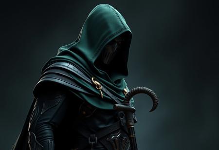 Create a highly detailed, cinematic artwork of a hooded killer inspired by Doom Eternal, with a dark green cloak and intricate, lifelike details. Incorporate elements of Marvel Japan coloring, Asgard Rising, and Hellscape, with a Golden Ratio composition. The character should be fully posable, with a cane and detailed body and face. Use Unreal Engine 5, 8K resolution, and Cinema 4D for a smooth, high-quality finish. Draw inspiration from artists Akihiko Yoshida, Greg Rutkowski, and Alphonse Mucha.