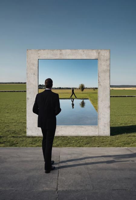 optical illusion - the illusion of mirrors digital art, 
composition:a square mirror was placed against a huge concrete fence, 
the reflection in the mirror shows a man walking across the field