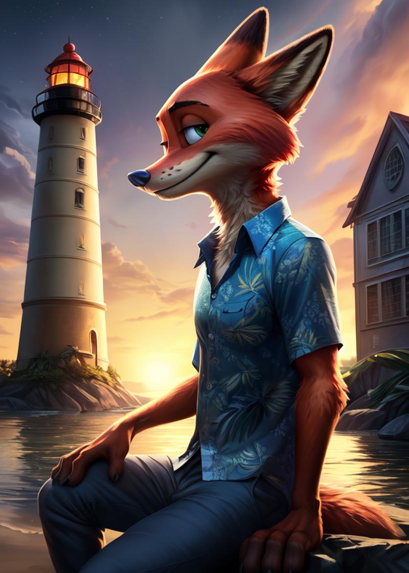 A cartoon drawing of a fox in a blue and white shirt sitting next to a lighthouse.