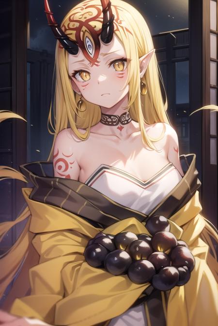 ibaraki douji, blonde hair, facial mark, fang, forehead, horns, long hair, oni, oni horns, pointy ears, (yellow eyes:1.5), earrings, japanese clothes, jewelry, kimono, leg tattoo, neck tattoo, oni, oni horns, shoulder tattoo, tattoo, yellow kimono,