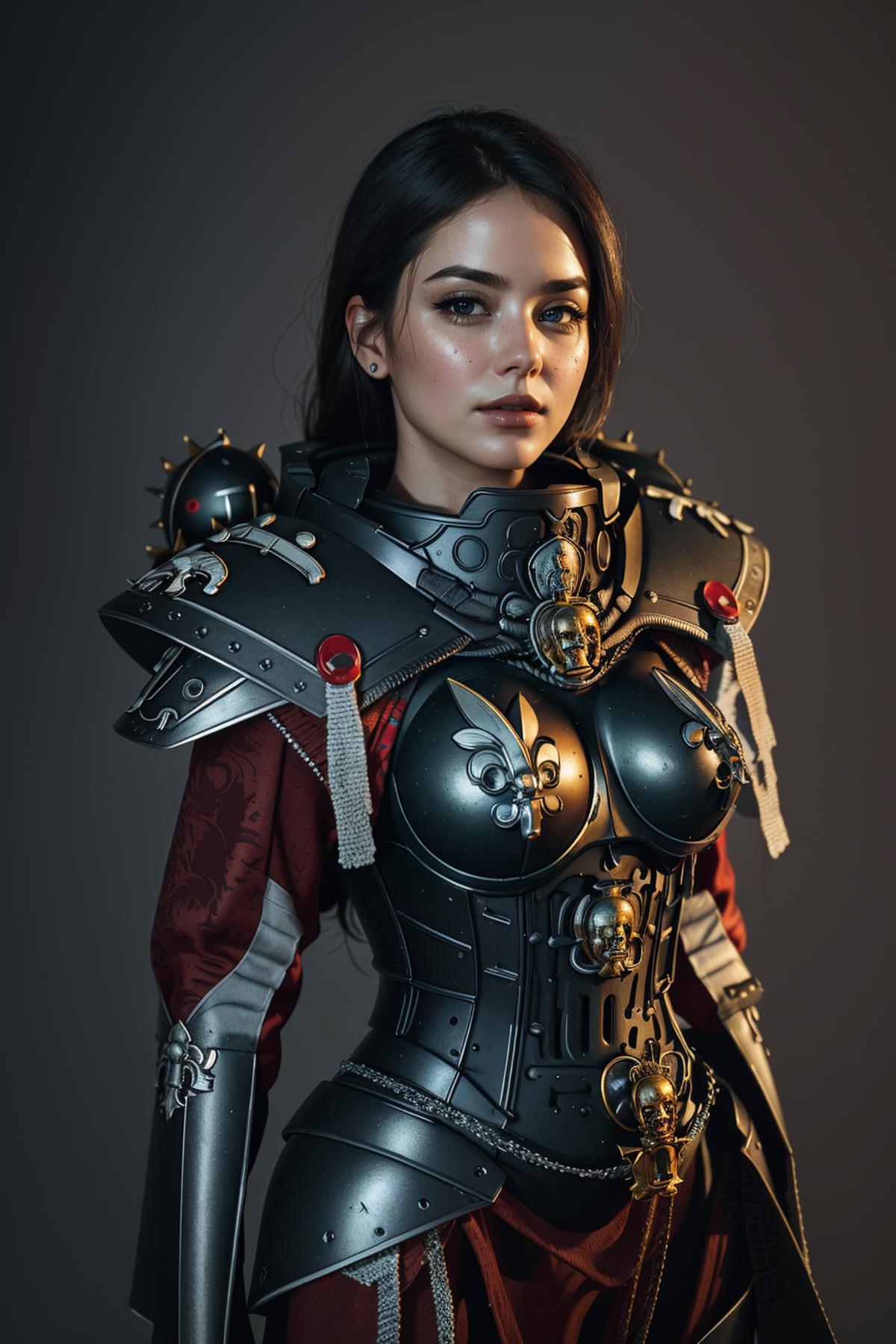 A woman wearing a medieval armor and a red and white jacket.