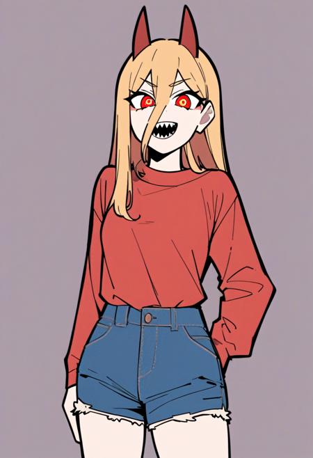 flat color, solo, 1girl, powercasual, sharp teeth, incrsgcmeme, cross-shaped pupils, red shirt, long sleeves, denim shorts, newest <lora:csm_power_xl-000004:0.9> <lora:Style_VectorGraphicsArt:1>