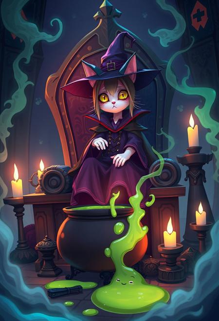 The image is a mystical illustration in the GhostlyStyle of 3DGame art, depicting the Witch cat Queen sitting upon her throne as she pours a cauldron of ghostly acid onto the floor, surrounded by eerie, glowing candles and mysterious artifacts. Her dark magic swirls around her, imbuing the scene with an air of CreepyCuteMagic.