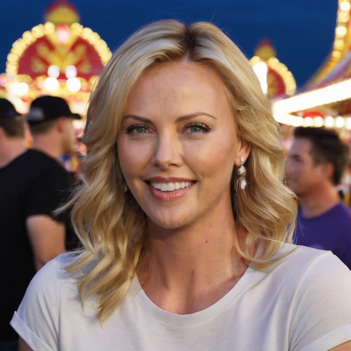 a photo of charlize theron, ohwx woman, at a carnival, smile, wearing a tshirt, night, highly detailed, best quality <lora...