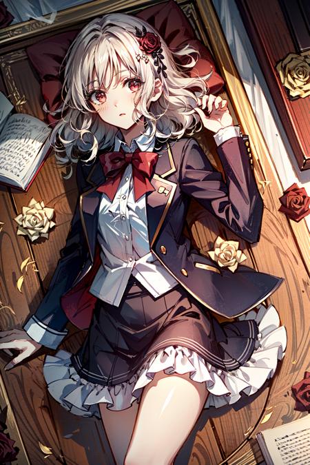 (masterpiece, best quality)
YuiDiabolikLovers, 1girl, solo, looking at viewer, short hair, bangs, skirt, blonde hair, shirt, hair ornament, long sleeves, bow, holding, closed mouth, school uniform, red eyes, jacket, white shirt, flower, white hair, cowboy shot, lying, frills, open clothes, hair flower, on back, bowtie, black skirt, medium hair, red bow, open jacket, black jacket, book, rose, from above, wavy hair, expressionless, blazer, frilled skirt, red flower, red bowtie, holding book, red rose, coffin
 <lora:add_detail:0.7>  <lora:YuiDiabolikLovers:0.9>