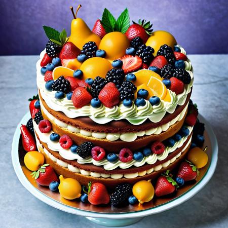 An elaborate birthday layer cake with different fillings and icing decorated with various fresh fruits.