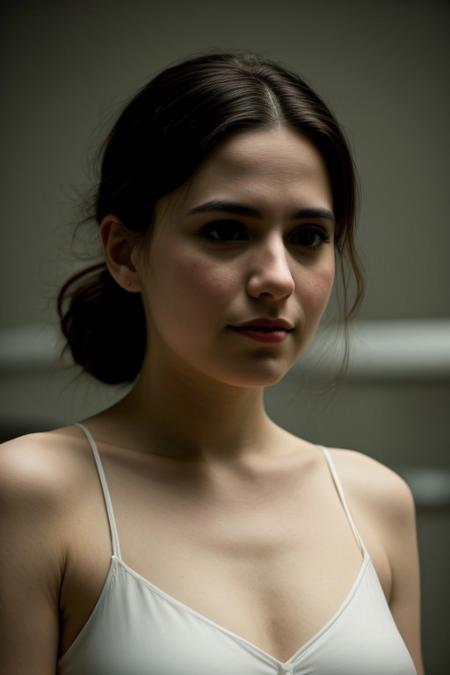 low key, studio set, perfect drawn face, very beautiful intensive eyes, wearing only a very classical oldschool nightdress, she performs a very emotional and passionate expression dance in style from Pina Bausch wuppertal dance company, on a lonely theater stage, sexy young beautiful model , Dewy skin with completeley no makeup, single braid black hair , Silver beaded bracelet, shot with arri studio camera, light_particles, cinematic, dynamic_angle,