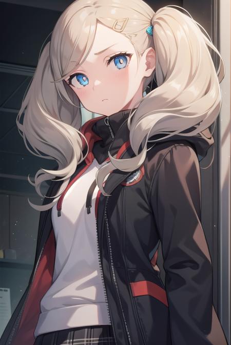 anntakamaki, <lora:annetakamakitest:1>, anne takamaki, blonde hair, blue eyes, hair ornament, hairclip, long hair, swept bangs, twintails, wavy hair,
BREAK black jacket, grey sweater, hood, hood down, hooded sweater, jacket, long sleeves, miniskirt, open clothes, open jacket, pants, pants under skirt, plaid, plaid skirt, pleated skirt, red pants, skirt,
BREAK looking at viewer,
BREAK indoors, classroom,
BREAK <lora:GoodHands-vanilla:1>, (masterpiece:1.2), best quality, high resolution, unity 8k wallpaper, (illustration:0.8), (beautiful detailed eyes:1.6), extremely detailed face, perfect lighting, extremely detailed CG, (perfect hands, perfect anatomy),