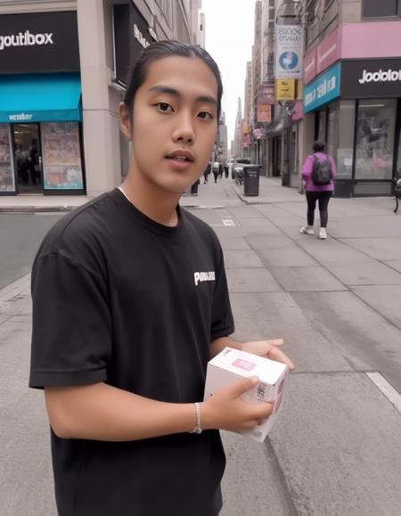 A realistic scene featuring a young Asian YouTuber standing on a bustling street. This individual has a confident and energetic demeanor, typical of a content creator. They are holding a box, possibly containing merchandise or items for an unboxing video. The street setting should be vibrant, with pedestrians, shops, and city life in the background. The YouTuber's attire should be trendy and casual, reflecting their online persona. Their face should show enthusiasm, possibly hinting at the excitement of sharing the box's contents with their audience. The scene should be captured with the clarity and detail of a high-resolution photograph, emphasizing the YouTuber, the box, and the urban environment,"one dollars",<lora:onedarll:0.75>