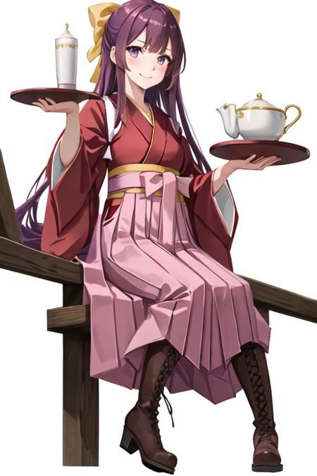 best quality, masterpiece, highres, solo, {kamikaze_kantaicollection:1.15}, long_hair, purple_hair, bow, hair_bow, purple_eyes, yellow_bow, hakama, pink_hakama, smile, tasuki, 1girl, boots, cross-laced_footwear, hakama_skirt, japanese_clothes, kimono, lace-up_boots, meiji_schoolgirl_uniform, skirt, looking_at_viewer, red_kimono, simple_background, white_background, brown_footwear, sitting, full_body