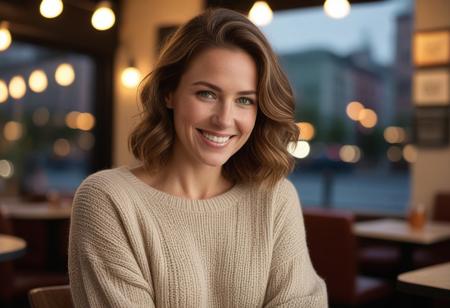 *A meticulously detailed, hyper-realistic portrait of Olivia, 35 years old, slender oval face,with softly contoured features, straight narrow nose with a gentle slopewith sun-kissed skin, bright green eyes, and a radiant smile. Her wavy, very short-length light brown hair is casually tousled,. Extremely natural skin texture, subtle wrinkles, subtle laugh lines. Her skin is natural, with subtle imperfections that enhance realism and a warm, genuine smile that reveals slightly perfect teeth.*     
The background is a cozy urban café with warm string lights and a blurred cityscape at dusk. Shot with a Hasselblad H6D-100c medium-format camera, using a tight crop and shallow depth of field (f/2.8) to emphasize the fine details of her beige woolen sweater and natural skin texture. The lighting is warm and diffused, casting a golden glow reminiscent of a Thomas Kinkade painting.*